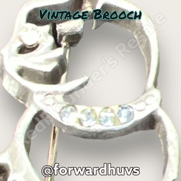 Vintage Silver Tone Metal Brooch with Rhinestone Cat Collar Marked JJ - Picture 3 of 8